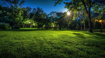 Sol lyser ljust genom träd i parkera foto