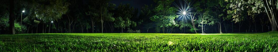 gräs- fält med lysande lampor foto