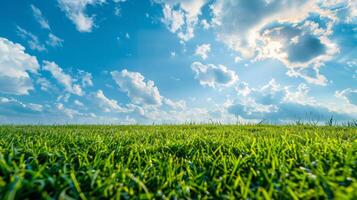 gräs fält under blå himmel med moln foto