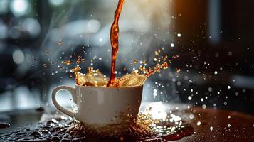de vätska skönhet av häller kaffe in i en ren kopp, fångad i i luften foto