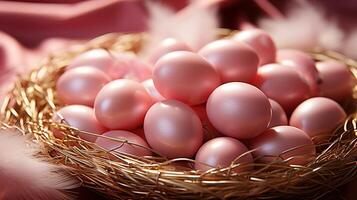 ägg höna fågel rosa på korg- korg för organisk bruka foto