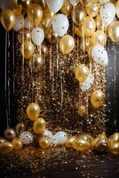 guld och vit ballonger med guld konfetti faller ner över svart bakgrund. ny år, födelsedag eller bröllop firande genererad.ai foto