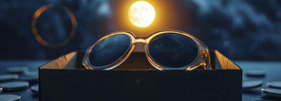 sol- förmörkelse glasögon på en mörk blå bakgrund foto