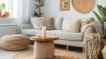 modern levande rum med mysigt soffa, trä- möbel och praktisk hantverk foto
