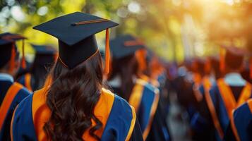 baksida se av gradering murbruksskivor under ceremoni början Framgång examinerade av universitet. begrepp utbildning grattis. mjuk diffunderade solljus badar scen i värma glöd foto