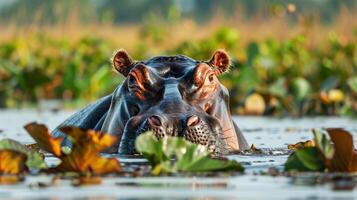 porträtt av flodhäst i dess naturlig livsmiljö, stirrande direkt på kamera medan nedsänkt i vattnen av sub saharan afrika. illustrerar skönhet av vilda djur och växter, uppmuntrande turism i område foto