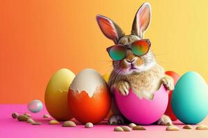 en kanin bär en solglasögon framträder från de stor ägg med skön färgrik skal på en platt Färg bakgrund. foto