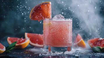 vertikal glas med rosa grapefrukt juste. flygande grapefrukt, mat fotografi, mörk bakgrund. genererad förbi artificiell intelligens. foto