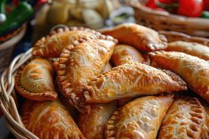 blandad empanadas mat. friterad bakad bakverk måltid. foto