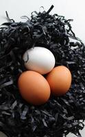 vertikal begrepp bild av tre mängd färger ägg i en svart flisning bo foto