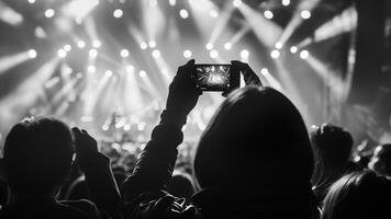 folkmassan av människor i främre av en konsert skede tar bilder med en mobil telefon foto