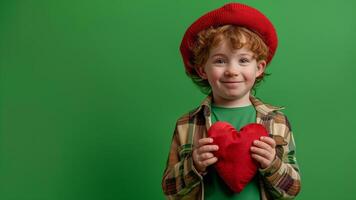 rödhårig pojke med en röd hjärta i hans händer på en grön bakgrund foto