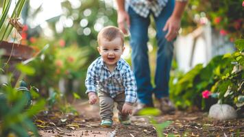 söt liten bebis pojke spelar i de trädgård med hans far. foto