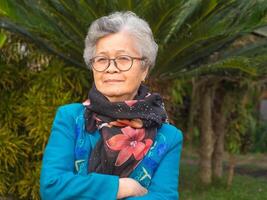 porträtt av ett äldre asiatisk kvinna bär en Tröja, scarf, glasögon, och ser på de kamera medan stående i de trädgård. Plats för text. begrepp av åldrig människor, vinter- säsong och sjukvård foto