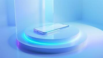 ai genererad isometrisk sammansättning av smartphone på en runda plattform med en ljus blå lutning i de mitten. blå och vit bakgrund, minimalistisk stil, en glas textur. foto