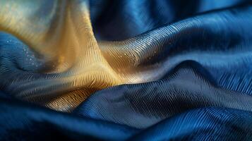 ai genererad djup blå silke tyg parade med lutning ljus guld. genererad förbi artificiell intelligens. foto