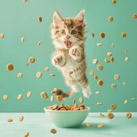 ai genererad en Lycklig katt Hoppar förbi en skål full av flygande kabbel på en pastell bakgrund. levitation. genererad förbi artificiell intelligens. foto