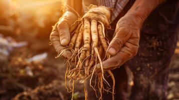 ai genererad ginseng rötter i de händer av en jordbrukare, värma solljus, närbild skott. genererad förbi artificiell intelligens. foto