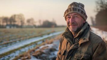 ai genererad en jordbrukare stående på en vinter- fält. ledtråd av en leende, ser in i kamera, sent eftermiddag. genererad förbi artificiell intelligens. foto