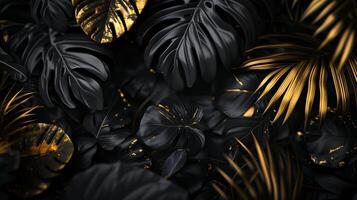 svart mörk svart Häftigt bakgrund mörk svart och guld tropisk löv. genererad förbi artificiell intelligens. foto