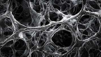 en hög upplösning, svartvit mikrograf av ett invecklad nätverk av fibrer i de hud liknar strömmande vatten på de mörk bakgrund. genererad förbi artificiell intelligens. foto