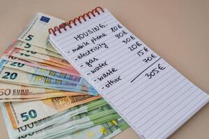 euro kontanter pengar med anteckningsbok handskriven hus utgifter. räkning räkningar för elektricitet, gas, vatten. begrepp av effektiv konsumtion och ekonomi. utgifterna vanor foto