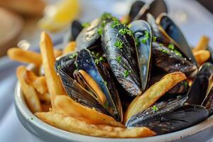 en stänga upp se av ångad musslor parade med gyllene franska frites foto