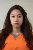 fängelse förbrytarfoto av ung inföding amerikan kvinna fånge i orange overall foto