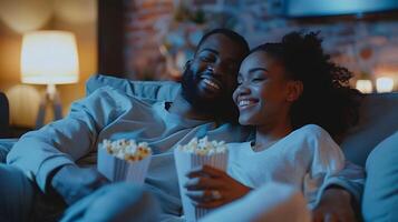 par tittar på en film tillsammans på de soffa med popcorn foto