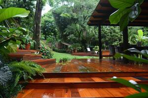 lugn regnkysst trä- däck i en frodig grön trädgård foto