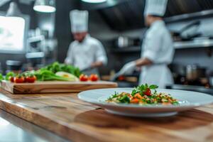 kockar i en high-end restaurang kök fokus på fullända de presentation av en sofistikerad maträtt redo för service. foto