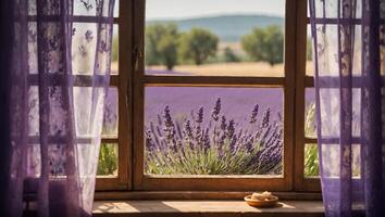 fönster lavendel- fält foto