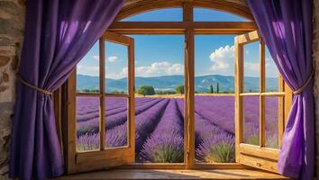 fönster lavendel- fält foto