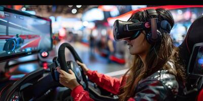 ai genererad Tonårs flicka bär virtuell verklighet glasögon, vem innehar på till de styrning hjul och spelar en dator spel på de trösta foto