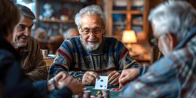 ai genererad grupp av seniors spelar kort i de pensionering hus foto