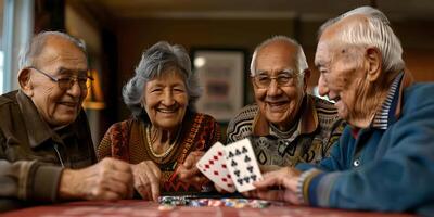 ai genererad senior man som en pensionär medan spelar kort med vänner på Hem eller på pensionering Hem foto