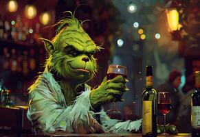 ai genererad grinch är innehav en vin foto