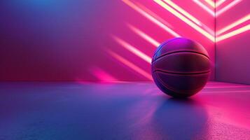 ai genererad basketboll boll isolerat på mörk bakgrund. blå neon baner. horisontell sport tema affisch, hälsning kort, rubriker, hemsida och app foto