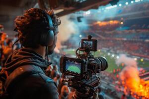 ai genererad TV kamera på de stadion under fotboll tändstickor. tv kamera under de fotboll match foto