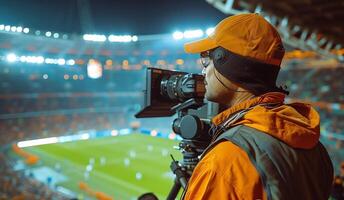 ai genererad TV kamera på de stadion under fotboll tändstickor. tv kamera under de fotboll match foto