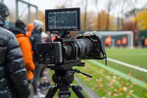 ai genererad TV kamera på de stadion under fotboll tändstickor. tv kamera under de fotboll match foto