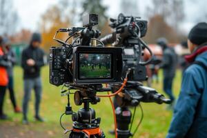 ai genererad TV kamera på de stadion under fotboll tändstickor. tv kamera under de fotboll match foto