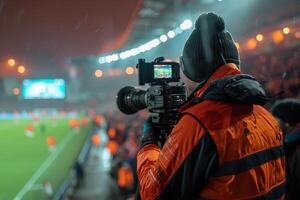 ai genererad TV kamera på de stadion under fotboll tändstickor. tv kamera under de fotboll match foto