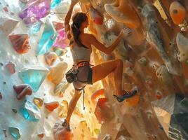 ai genererad kvinna med säkerhet rep håller på med sport klättrande på en berg vägg foto