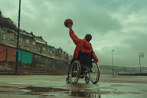 ai genererad Lycklig basketboll spelare med handikapp användningar rullstol medan spelar på utomhus- sporter domstol. foto