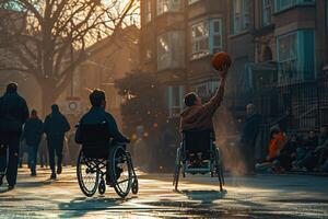 ai genererad Lycklig basketboll spelare med handikapp användningar rullstol medan spelar på utomhus- sporter domstol. foto