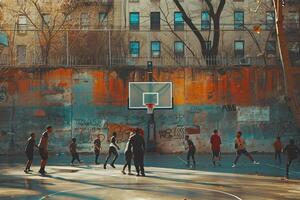 ai genererad spelare på brower parkera korg boll domstol njut av en solig sent vår eftermiddag av basketboll foto