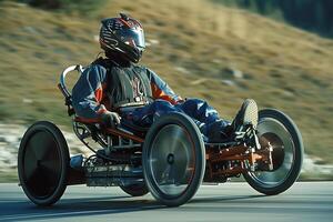 ai genererad konkurrens sporter rullstol tävlings i rörelse fläck foto