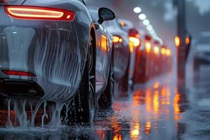 ai genererad hård regn falla på natt med suddigt bilar som bakgrund. foto