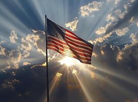 ai genererad amerikan flagga i främre av ljus himmel foto